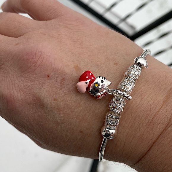 Sterling Silver Hello Kitty Charm Bangle Bracelet - Picture 8 of 10